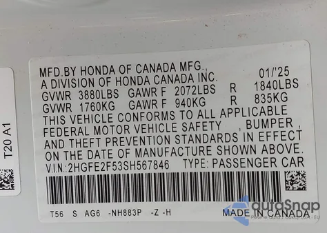 2025 Honda Civic Sport z USA, uszkodzony, nr VIN 2HGFE2F53SH567846
